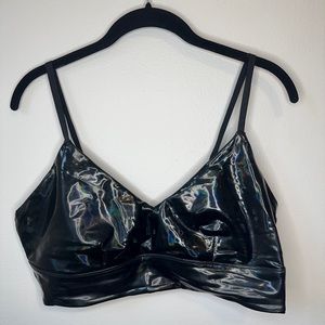 Good American bralette black rainbow holographic latex vinyl vegan leather